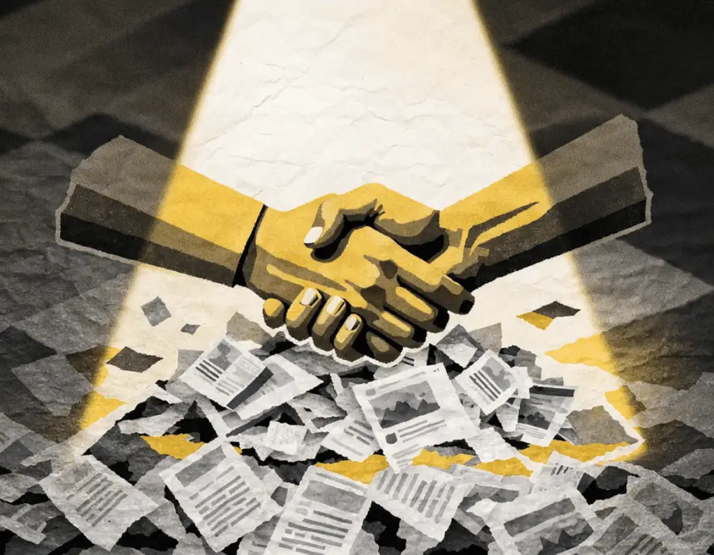 two hands cast in gold mid handshake