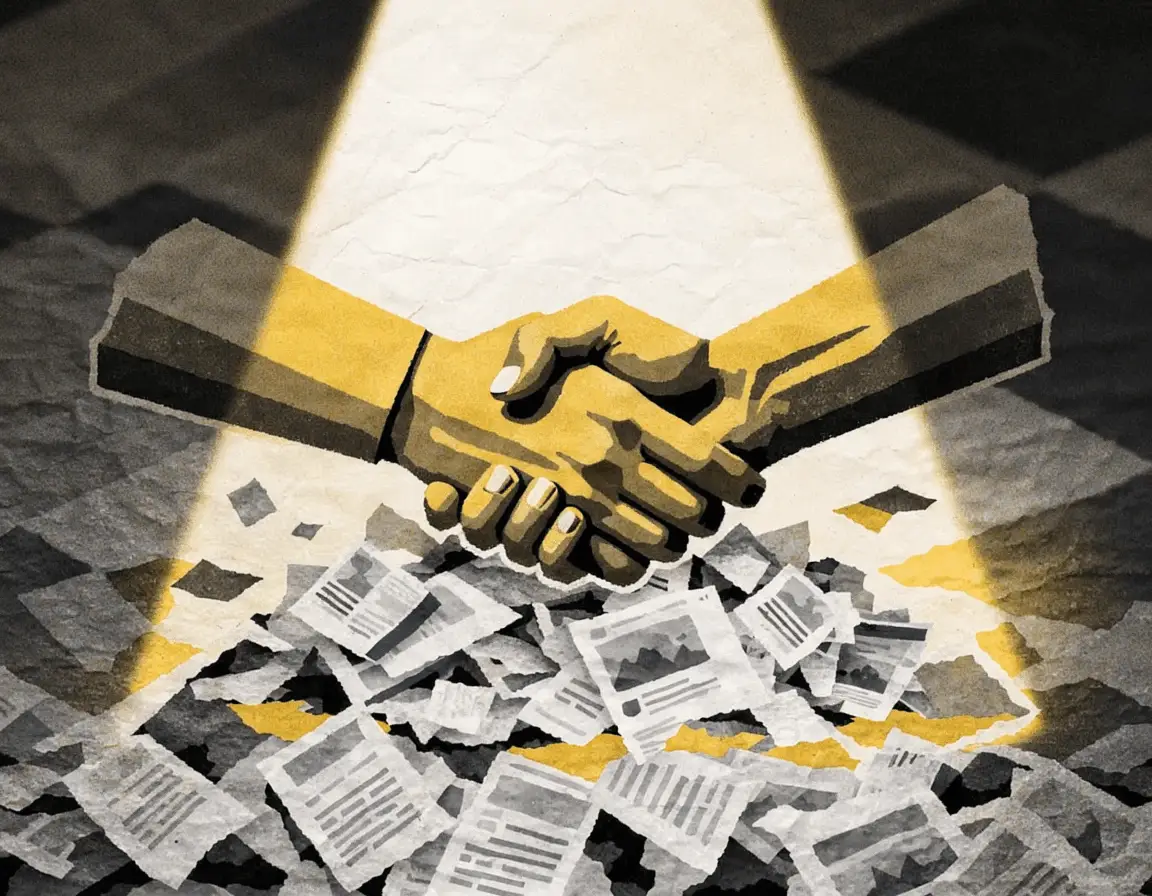 two hands cast in gold mid handshake